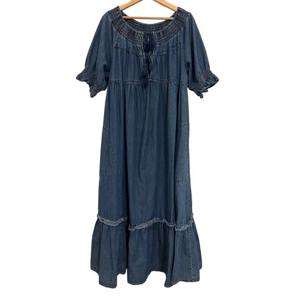 Free People Maxi Dress Womens XL Blue Boho Chic Cottagecore Whimsy Cowgirl - Picture 1 of 15